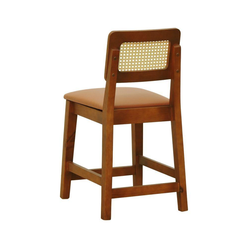 Banqueta Baixa-cadeira Gabi Madeira Maciça Encosto Telinha - Amêndoa Assento Estofado Corano Caramelo - 6