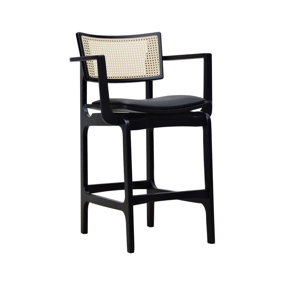 Banqueta Alta Bistrô Apollo Com Braços Encosto Telinha Natural E Assento Anatômico - Preto Estofado Corano Preto - 1