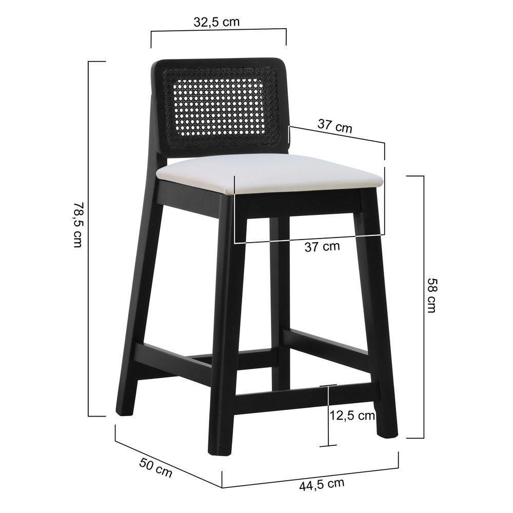 Banqueta Média Gabi Madeira Maciça Telinha - Preto Assento Estofado Linho Bege - 3