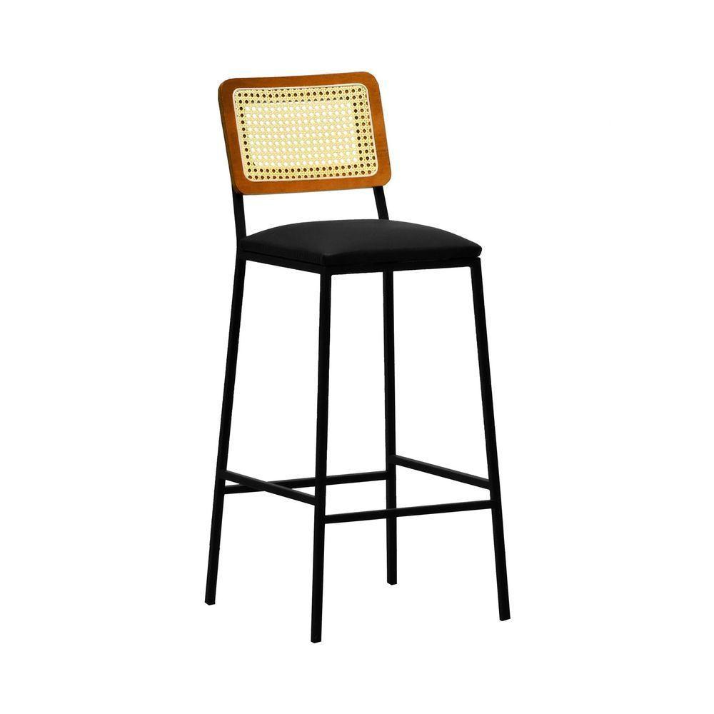 Banqueta Gabi Metal Encosto Anatômico Telinha Natural Assento Estofado - Preto-amêndoa Corano Preto - 1