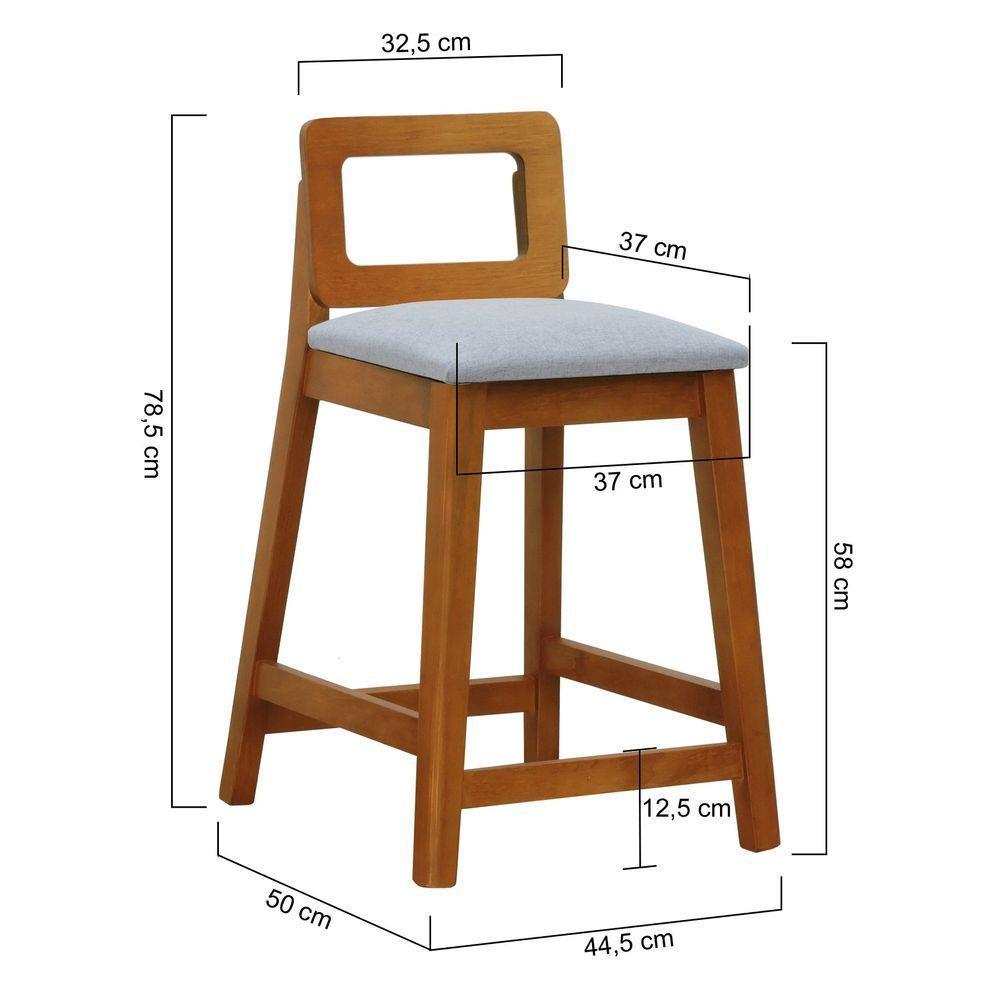 Banqueta Média River Madeira Maciça - Amêndoa Assento Estofado Linho Cinza Mescla Impermeável - 3