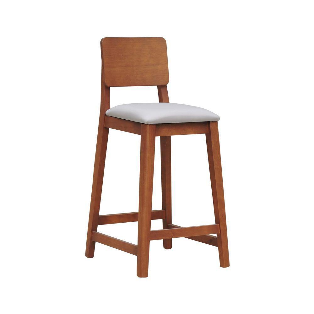 Banqueta Lyon Madeira Maciça Com Encosto Anatômico E Assento Estofado Com 68cm Altura - Amêndoa Linho Bege - 1