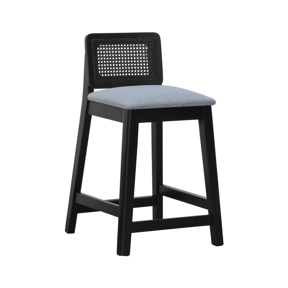 Banqueta Média Gabi Madeira Maciça Telinha - Preto Assento Estofado Linho Cinza Mescla Impermeável - 1