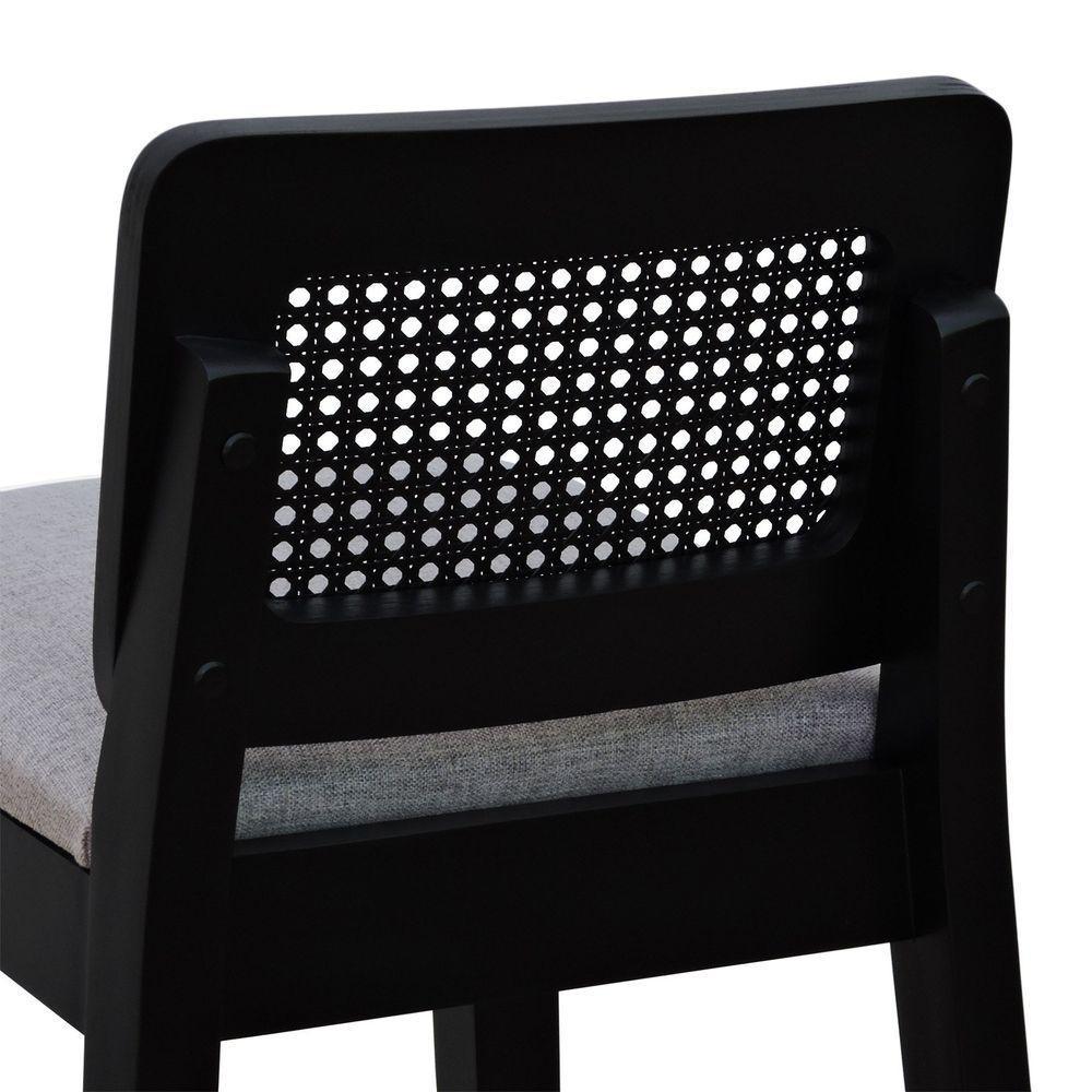 Banqueta Média Gabi Madeira Maciça Telinha - Preto Assento Estofado Linho Cinza Mescla Impermeável - 2