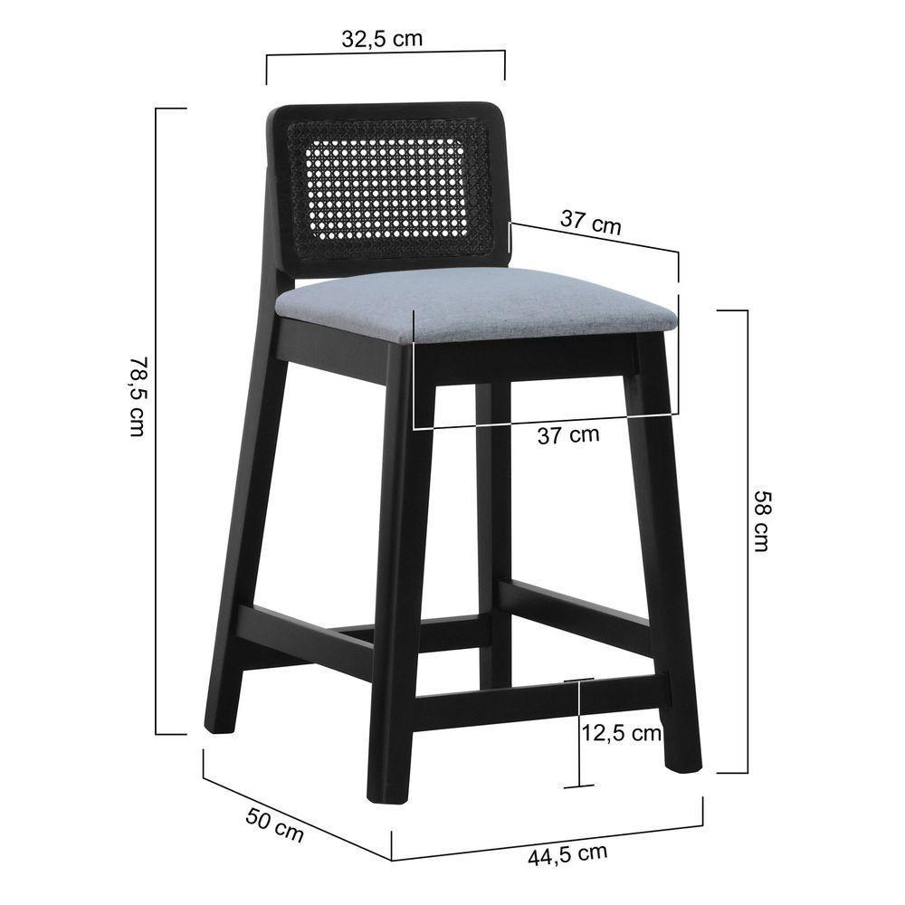 Banqueta Média Gabi Madeira Maciça Telinha - Preto Assento Estofado Linho Cinza Mescla Impermeável - 4