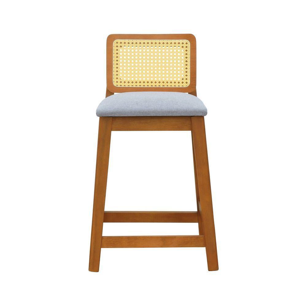 Banqueta Média Gabi Madeira Maciça Telinha Natural - Amêndoa Assento Estofado Linho Cinza Mescla Impermeável - 5