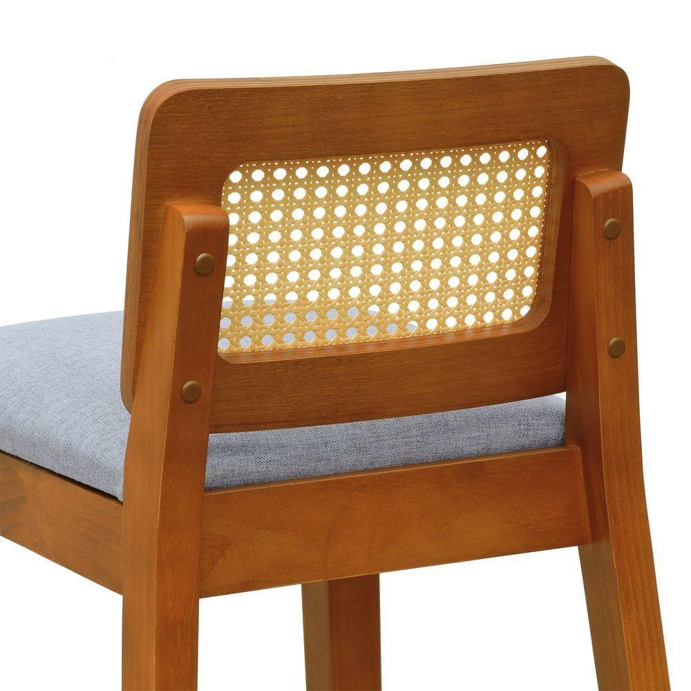 Banqueta Média Gabi Madeira Maciça Telinha Natural - Amêndoa Assento Estofado Linho Cinza Mescla Impermeável - 6