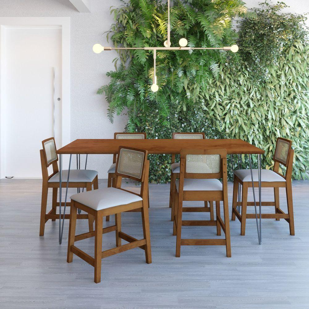 Banqueta Baixa-cadeira Gabi Madeira Maciça Encosto Telinha - Amêndoa Assento Estofado Corano Preto - 3