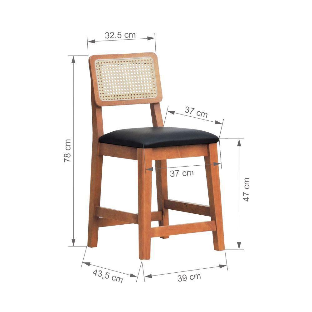 Banqueta Baixa-cadeira Gabi Madeira Maciça Encosto Telinha - Amêndoa Assento Estofado Corano Preto - 5