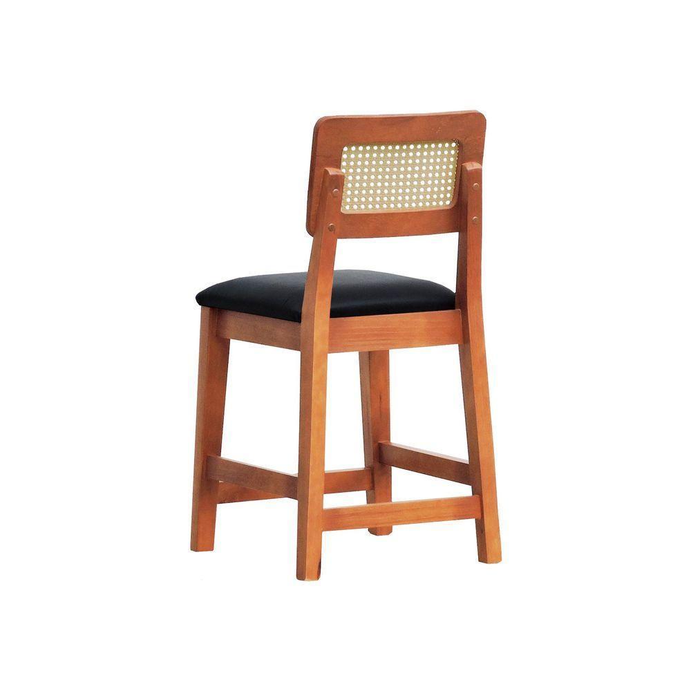 Banqueta Baixa-cadeira Gabi Madeira Maciça Encosto Telinha - Amêndoa Assento Estofado Corano Preto - 6