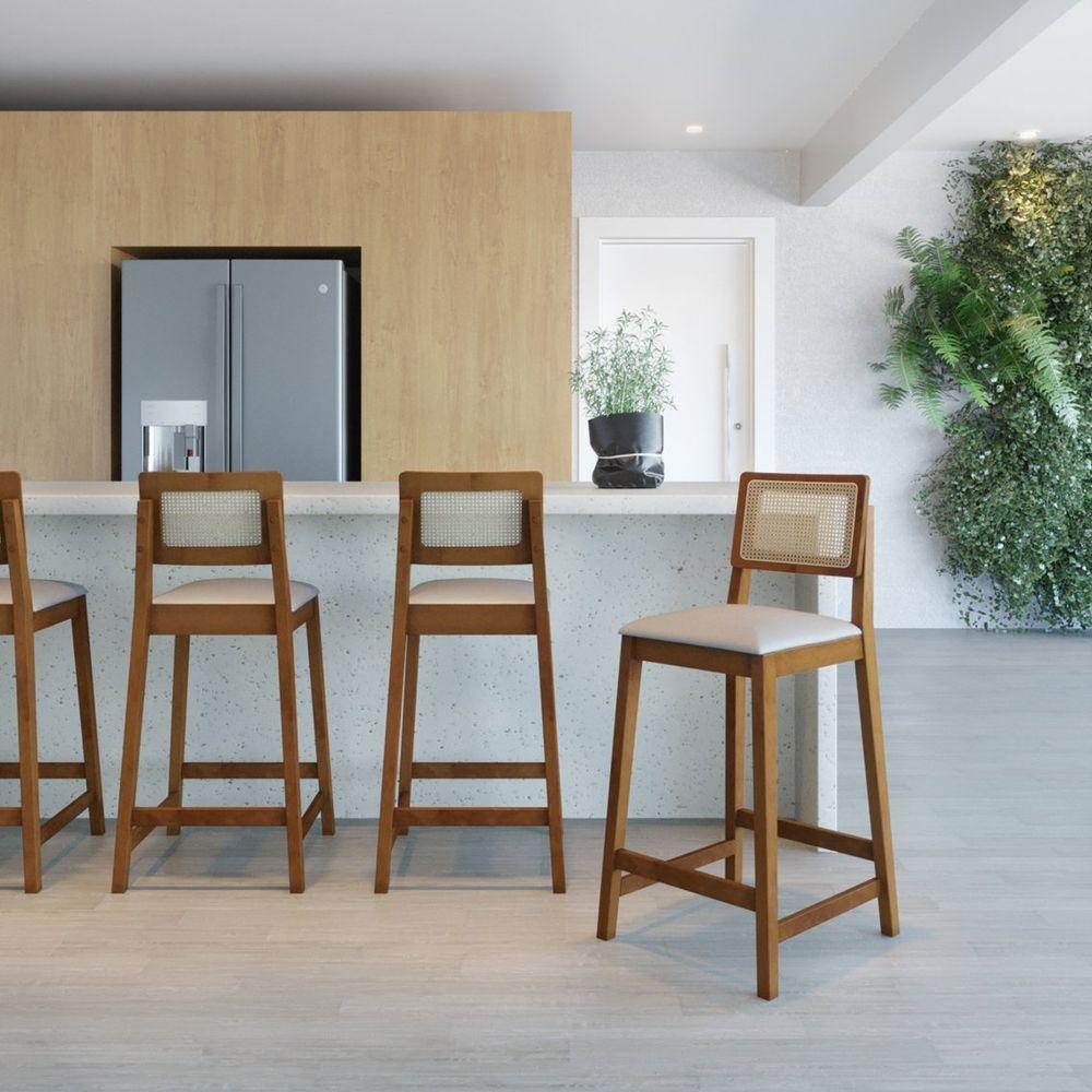 Banqueta Gabi Madeira Maciça Encosto Telinha C- 68cm Altura - Amêndoa Assento Estofado Linho Bege Mescla Impermeável - 7