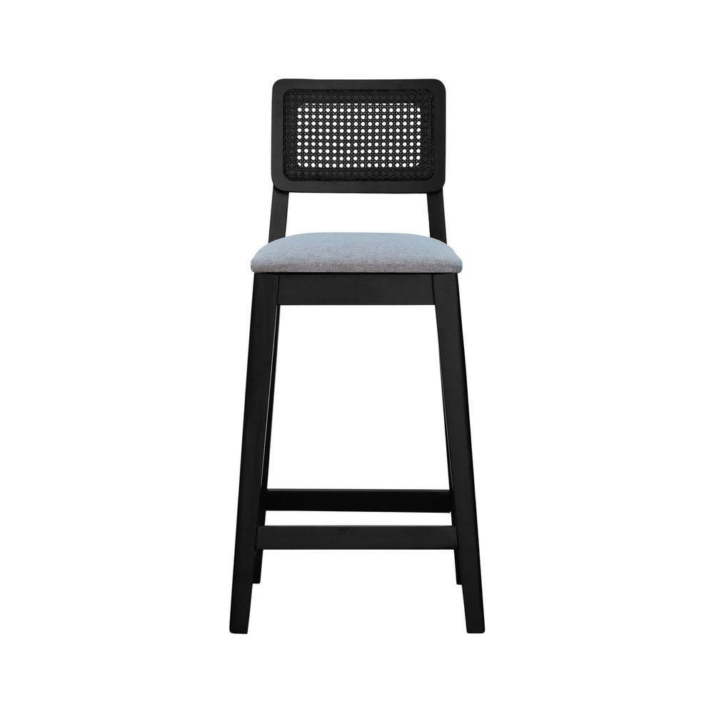 Banqueta Gabi Madeira Maciça Encosto C- Telinha C- 68cm Altura - Preto Assento Estofado Linho Cinza Mescla Impermeável - 6