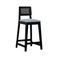 Banqueta Gabi Madeira Maciça Encosto C- Telinha C- 68cm Altura - Preto Assento Estofado Linho Cinza Mescla Impermeável - 1