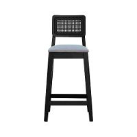 Banqueta Gabi Madeira Maciça Encosto C- Telinha C- 68cm Altura - Preto Assento Estofado Linho Cinza Mescla Impermeável - 6