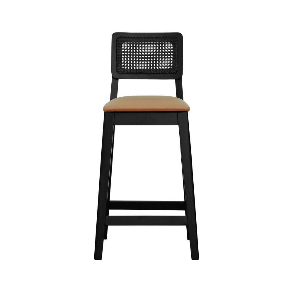 Banqueta Gabi Madeira Maciça Encosto C- Telinha C- 68cm Altura - Preto Assento Estofado Corano Caramelo - 4