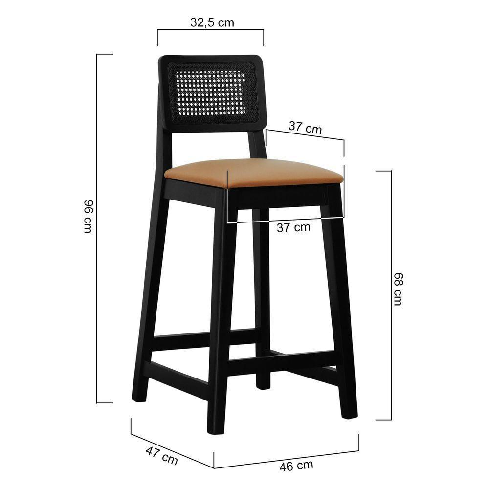 Banqueta Gabi Madeira Maciça Encosto C- Telinha C- 68cm Altura - Preto Assento Estofado Corano Caramelo - 7