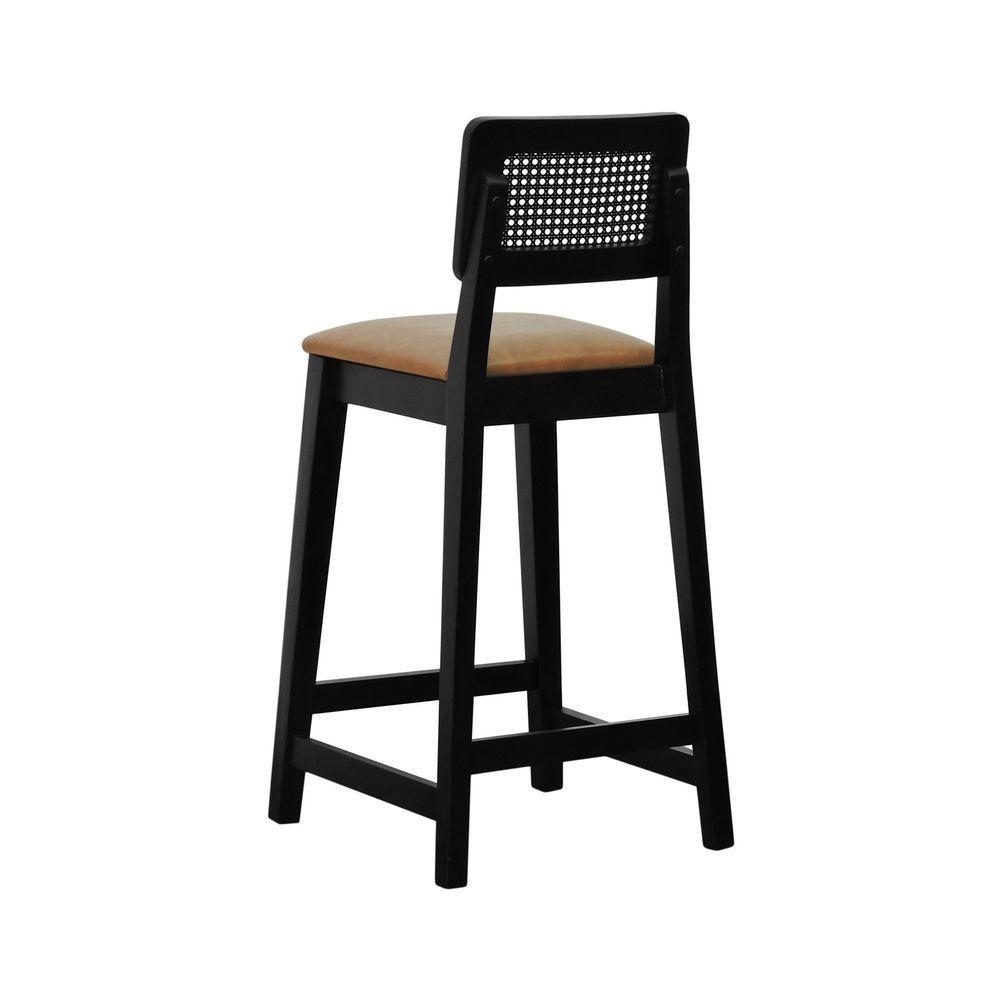 Banqueta Gabi Madeira Maciça Encosto C- Telinha C- 68cm Altura - Preto Assento Estofado Corano Marrom Mescla - 2