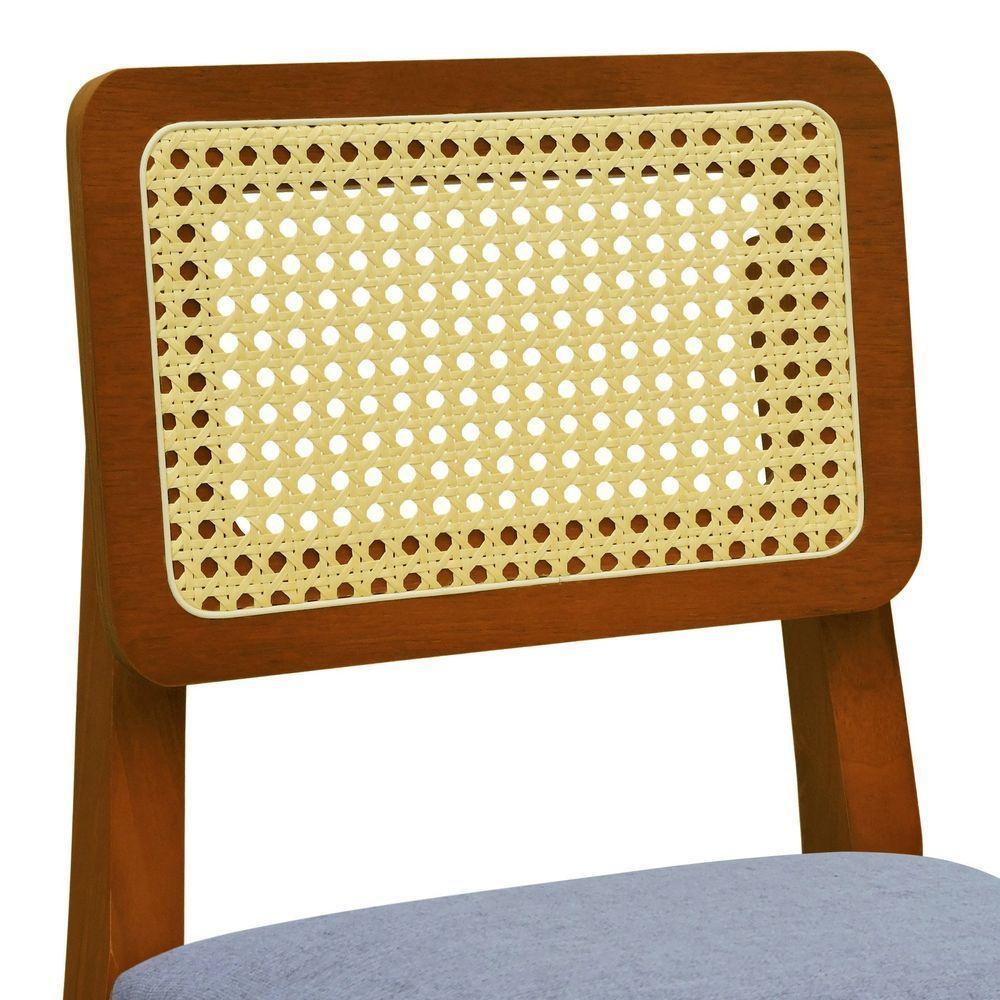 Banqueta Gabi Madeira Maciça Encosto Telinha C- 68cm Altura - Amêndoa Assento Estofado Linho Cinza Mescla Impermeável - 2