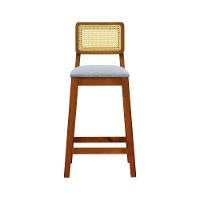 Banqueta Gabi Madeira Maciça Encosto Telinha C- 68cm Altura - Amêndoa Assento Estofado Linho Cinza Mescla Impermeável - 6