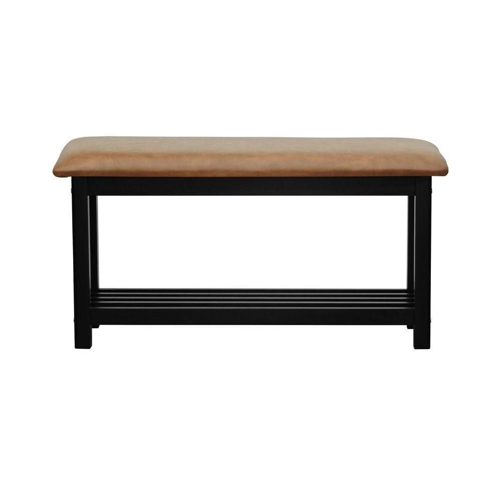 Banco Sapateira Viena Madeira Maciça - Preto Assento Estofado Corano Marrom Mescla - 5