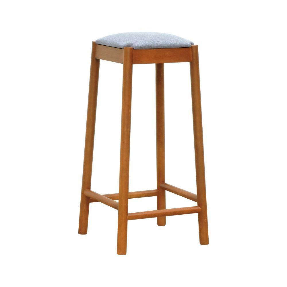 Banco Alto Amber Madeira Maciça - Amêndoa Assento Estofado Linho Cinza Mescla Impermeável - 1