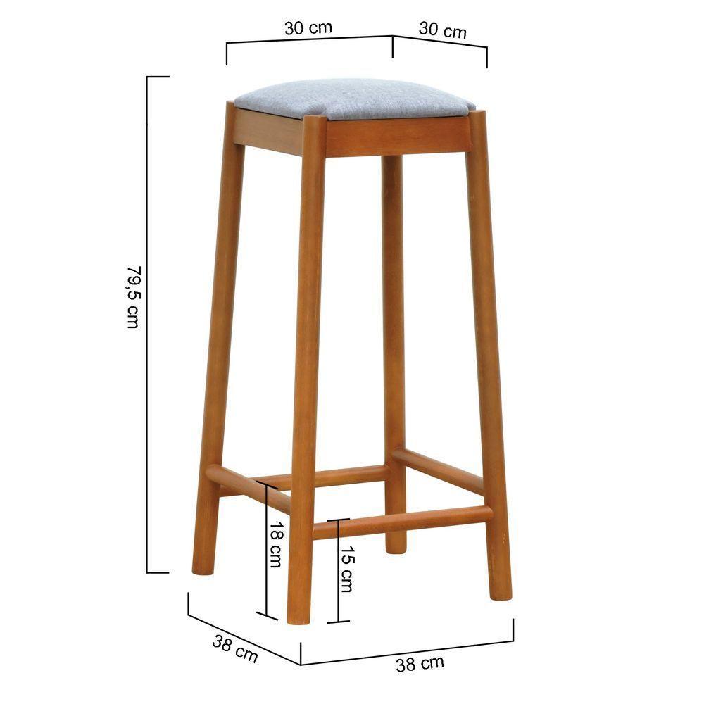 Banco Alto Amber Madeira Maciça - Amêndoa Assento Estofado Linho Cinza Mescla Impermeável - 4