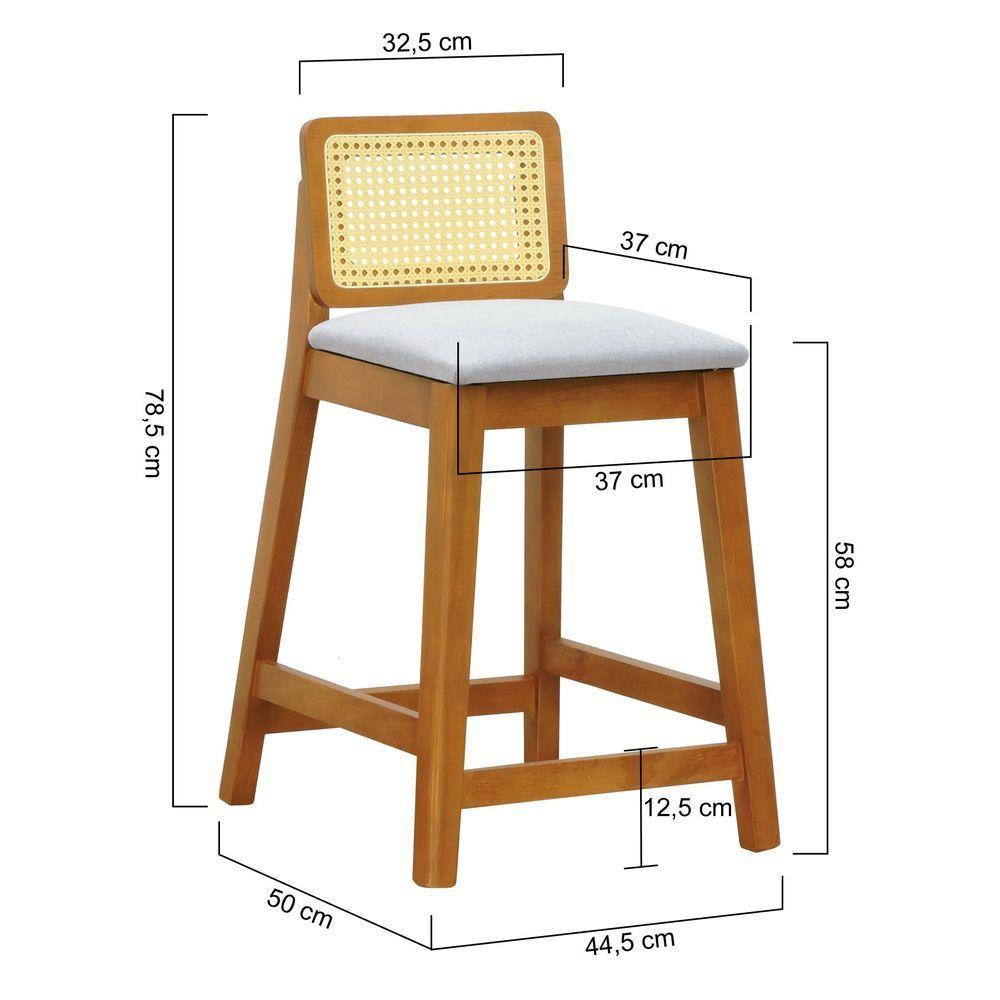 Banqueta Média Gabi Madeira Maciça Telinha Natural - Amêndoa Assento Estofado Linho Bege Mescla Impermeável - 3