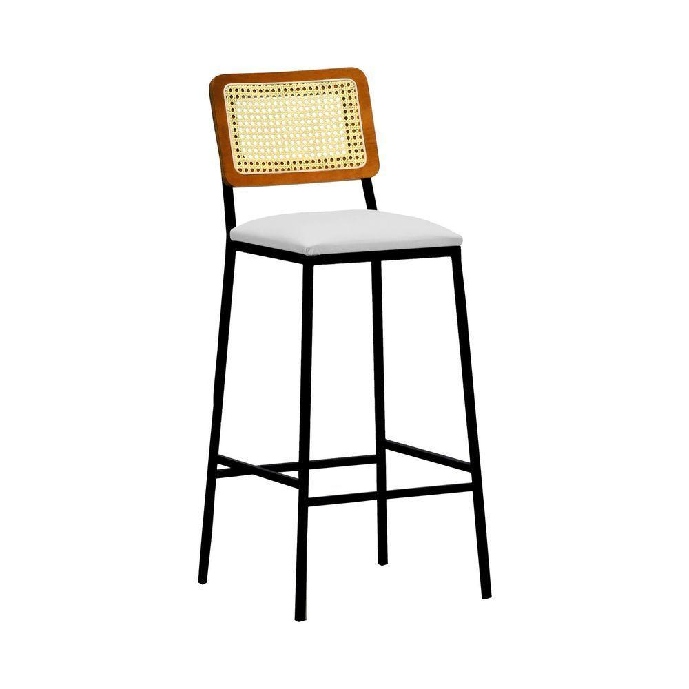 Banqueta Gabi Metal Encosto Anatômico Telinha Natural Assento Estofado - Preto-amêndoa Corano Bege - 1