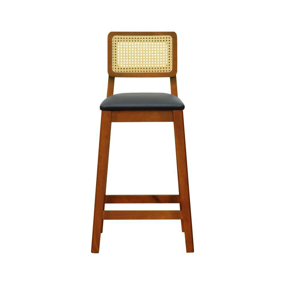 Banqueta Gabi Madeira Maciça Encosto Telinha C- 68cm Altura - Amêndoa Assento Estofado Corano Preto - 6