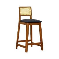 Banqueta Gabi Madeira Maciça Encosto Telinha C- 68cm Altura - Amêndoa Assento Estofado Corano Preto - 1