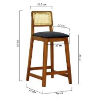 Banqueta Gabi Madeira Maciça Encosto Telinha C- 68cm Altura - Amêndoa Assento Estofado Corano Preto - 7