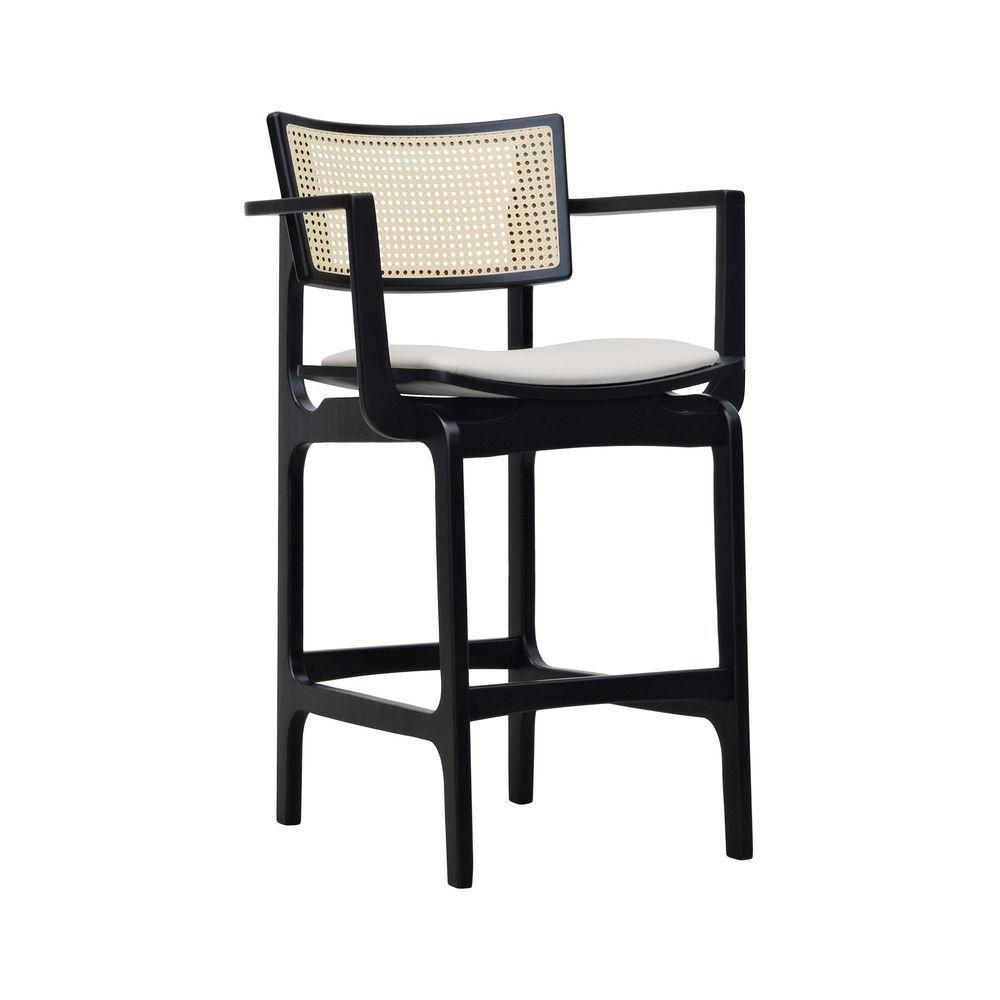 Banqueta Alta Bistrô Apollo Com Braços Encosto Telinha Natural E Assento Anatômico - Preto Estofado Corano Bege - 1