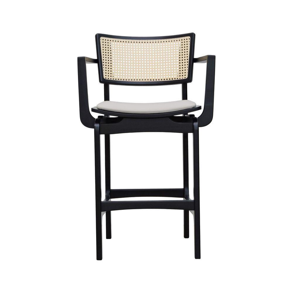 Banqueta Alta Bistrô Apollo Com Braços Encosto Telinha Natural E Assento Anatômico - Preto Estofado Corano Bege - 6