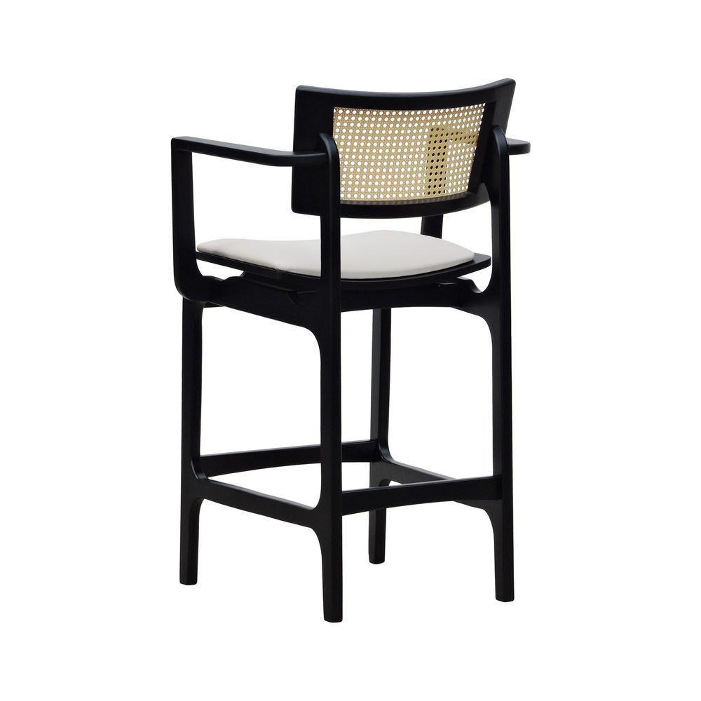 Banqueta Alta Bistrô Apollo Com Braços Encosto Telinha Natural E Assento Anatômico - Preto Estofado Corano Bege - 7