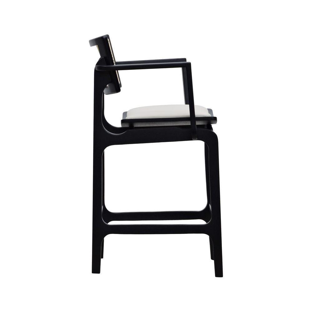 Banqueta Alta Bistrô Apollo Com Braços Encosto Telinha Natural E Assento Anatômico - Preto Estofado Corano Bege - 8