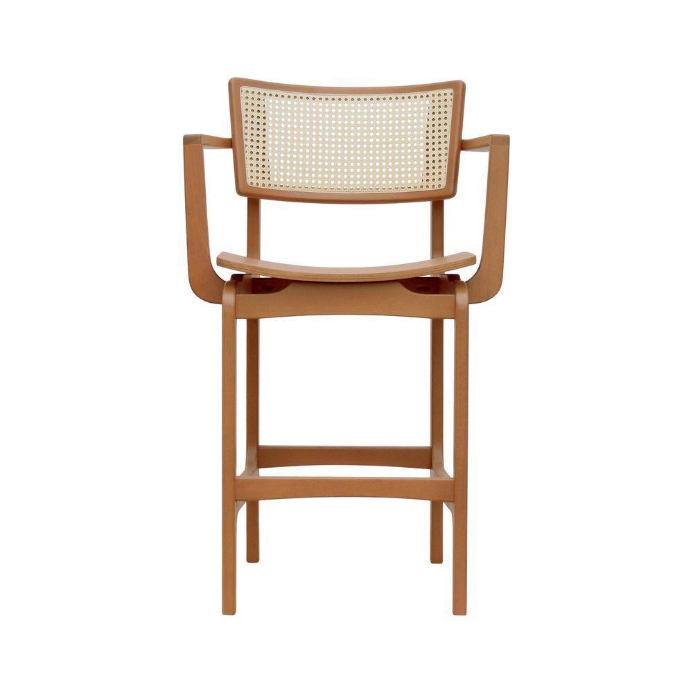 Banqueta Alta Bistrô Apollo Com Braços Encosto Telinha Natural E Assento Anatômico - Natural Madeira - 2