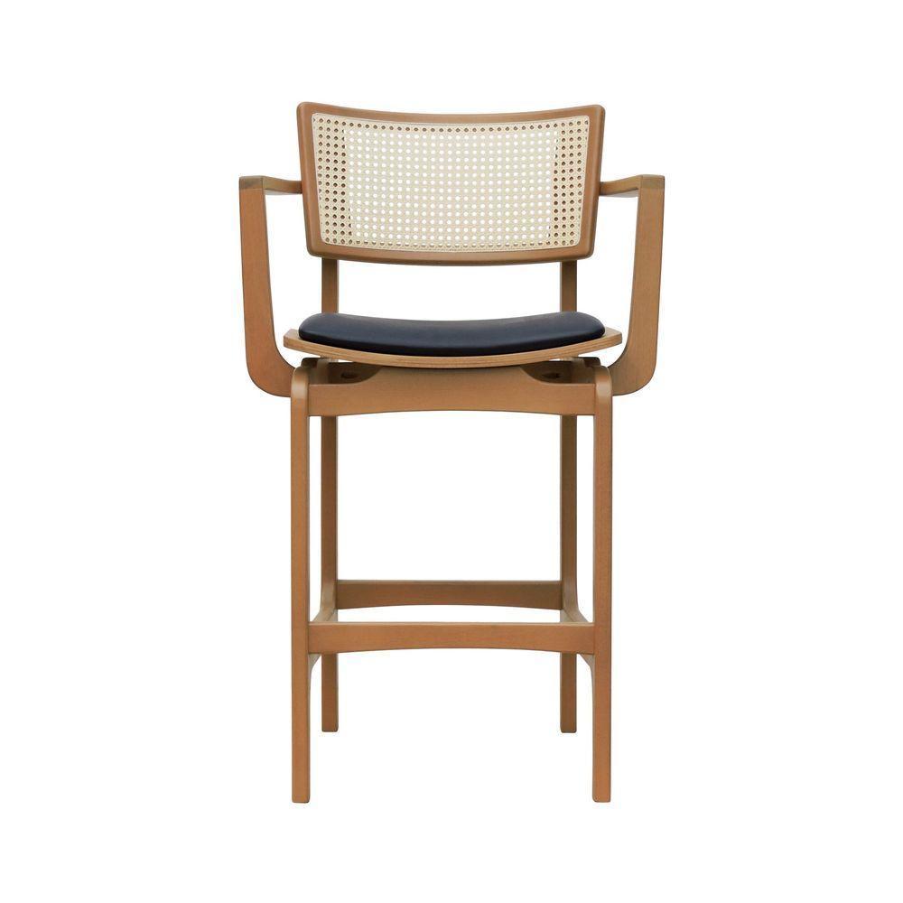 Banqueta Alta Bistrô Apollo Com Braços Encosto Telinha Natural E Assento Anatômico - Natural Estofado Corano Preto - 6