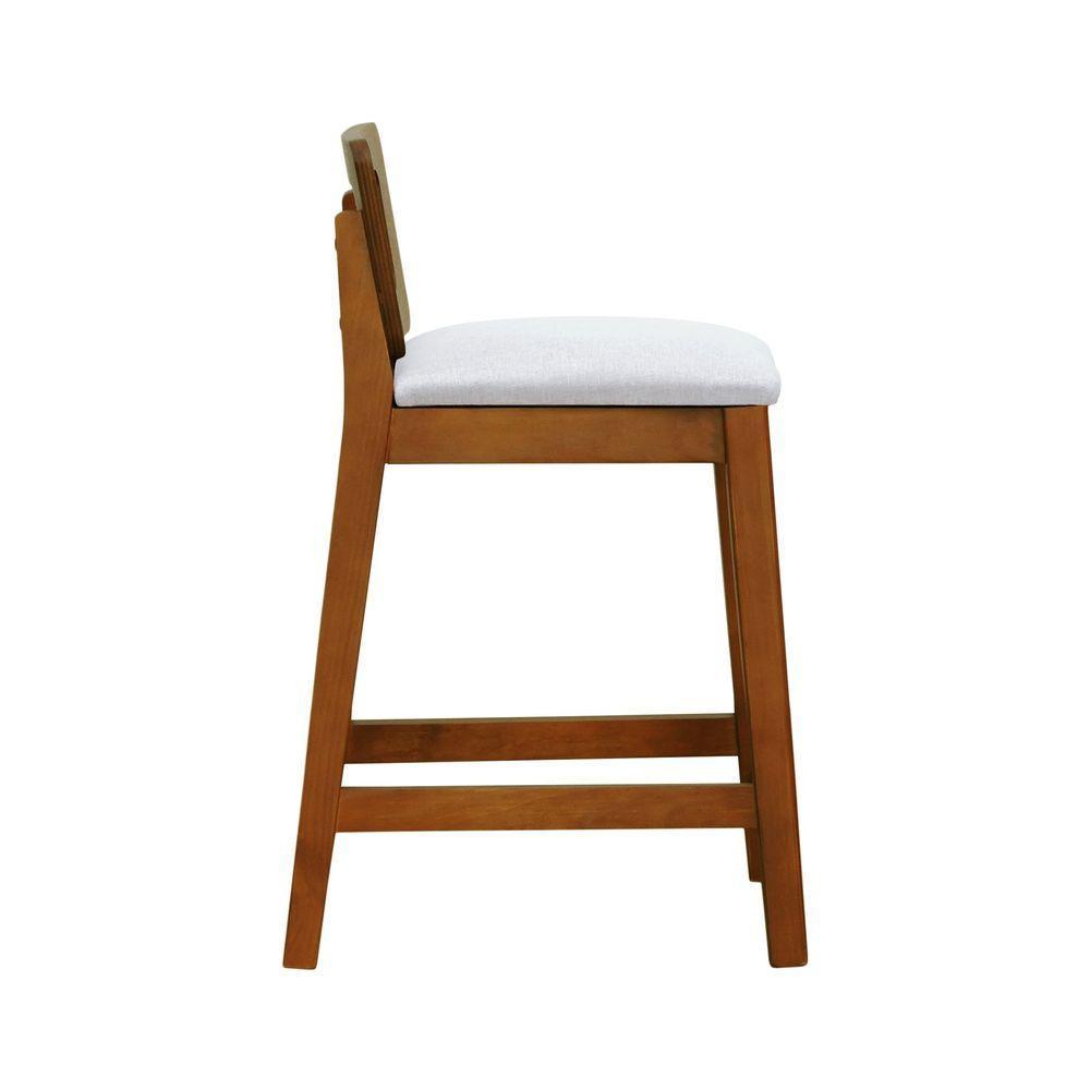 Banqueta Média River Madeira Maciça - Amêndoa Assento Estofado Linho Bege Mescla Impermeável - 2