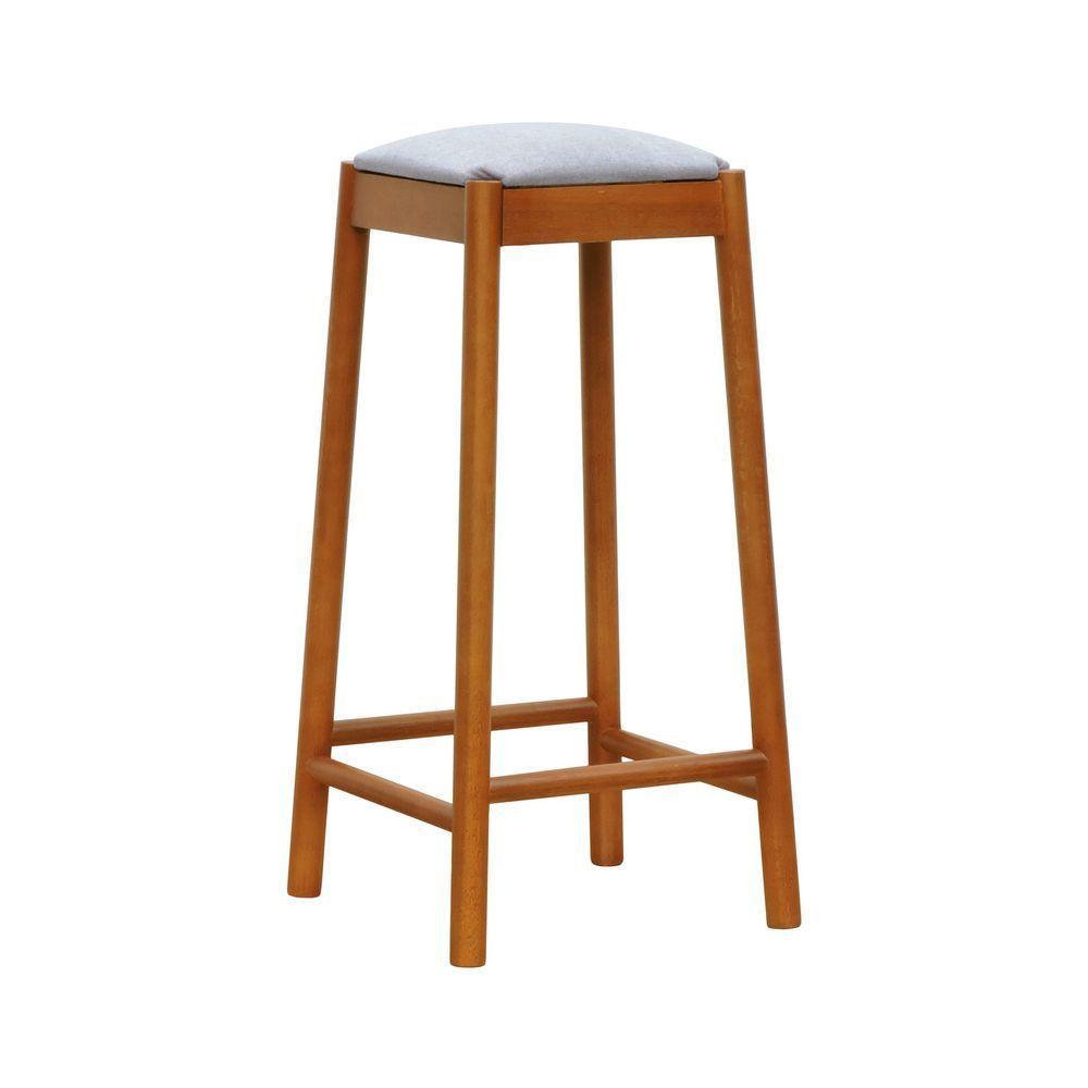 Banco Alto Amber Madeira Maciça - Amêndoa Assento Estofado Linho Bege Mescla Impermeável - 1