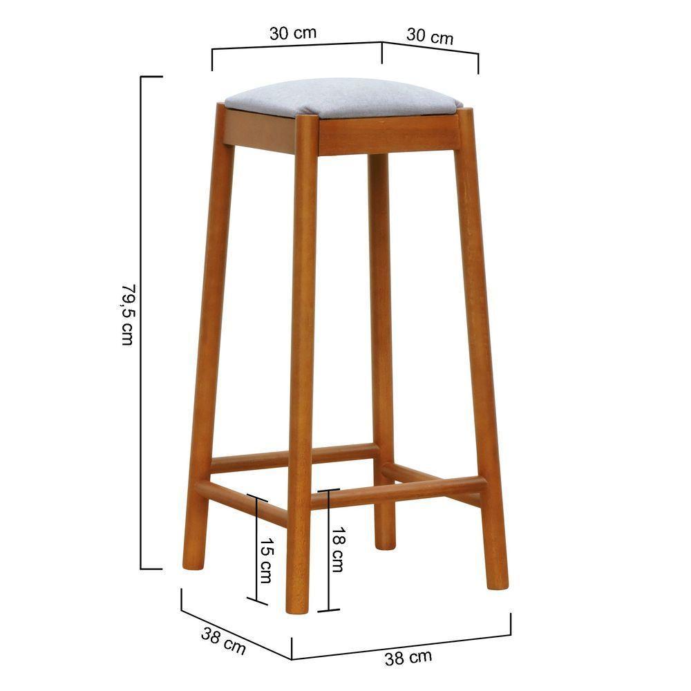 Banco Alto Amber Madeira Maciça - Amêndoa Assento Estofado Linho Bege Mescla Impermeável - 5