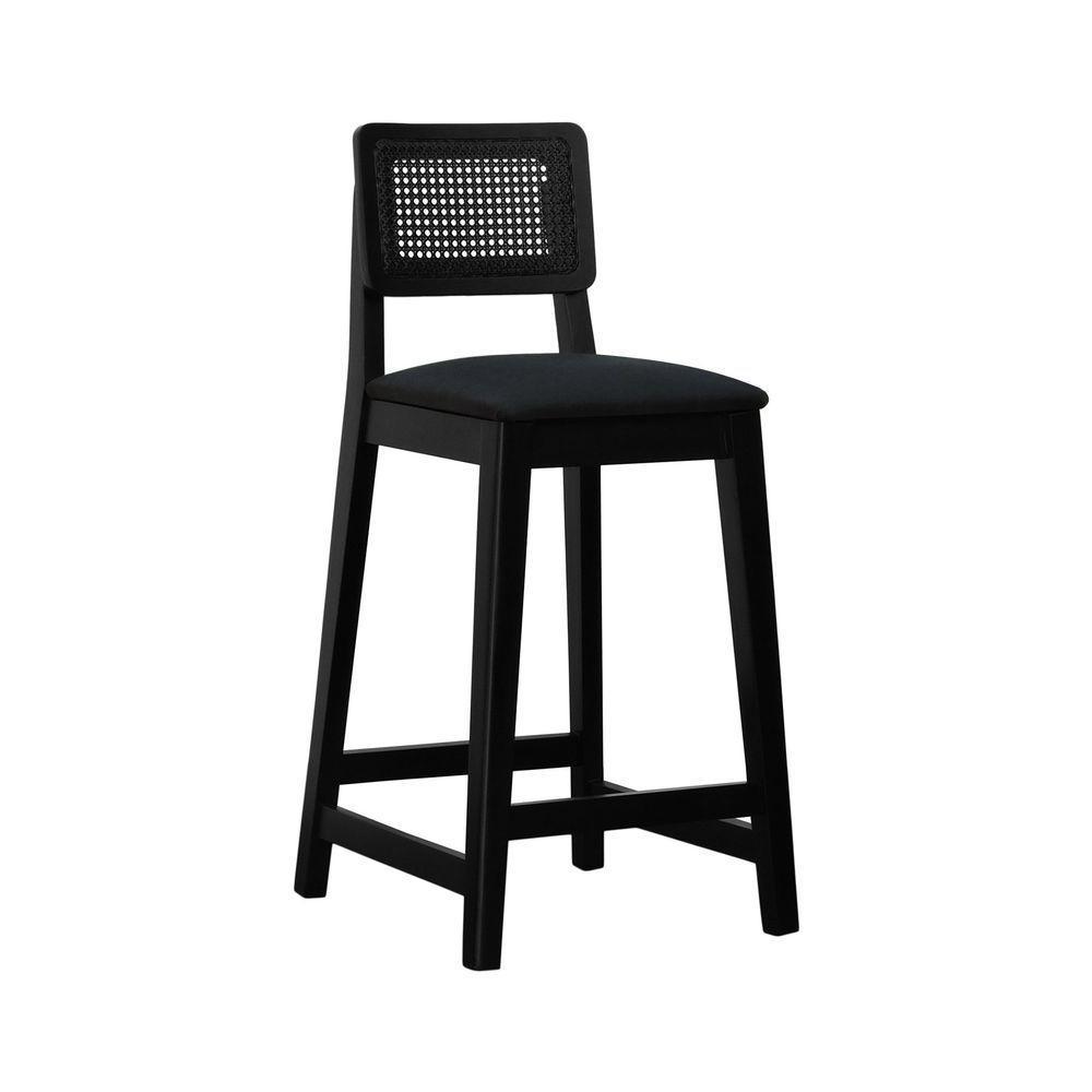 Banqueta Gabi Madeira Maciça Encosto C- Telinha C- 68cm Altura - Preto Assento Estofado Linho Preto Textura - 1