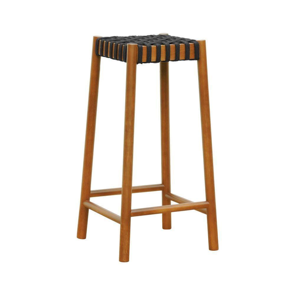 Banco Alto Amber Madeira Maciça - Amêndoa Trançado Corda Na Cor Preta - 1