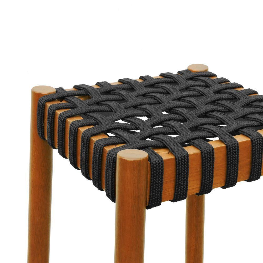 Banco Alto Amber Madeira Maciça - Amêndoa Trançado Corda Na Cor Preta - 2
