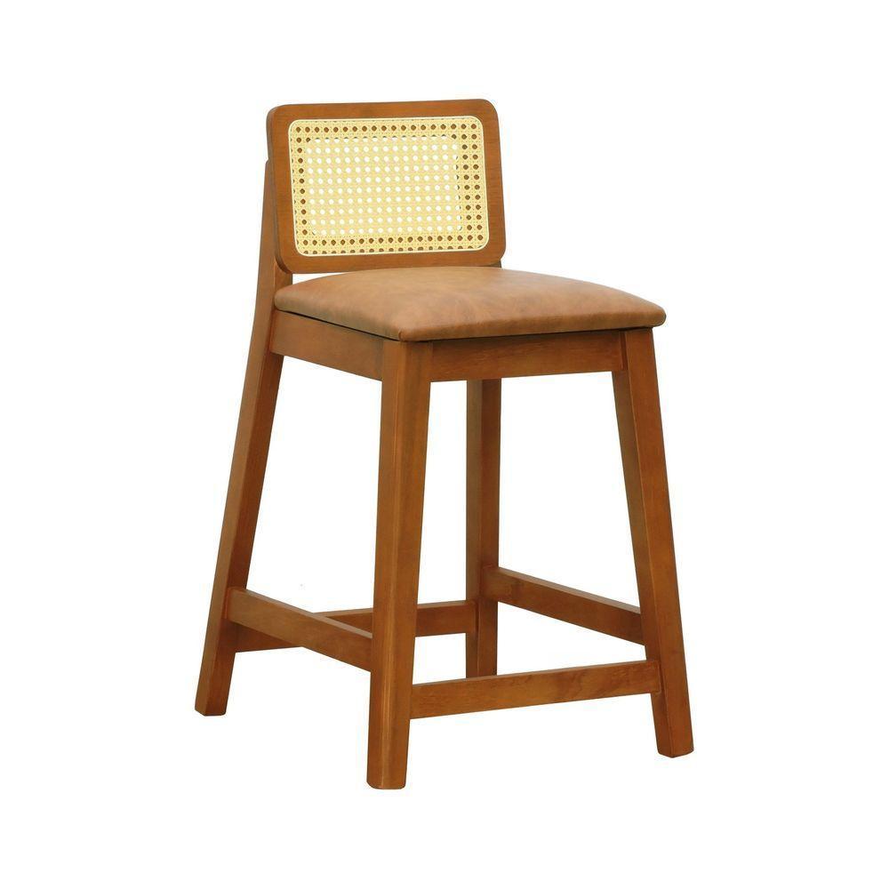 Banqueta Média Gabi Madeira Maciça Telinha Natural - Amêndoa Assento Estofado Corano Marrom Mescla - 1