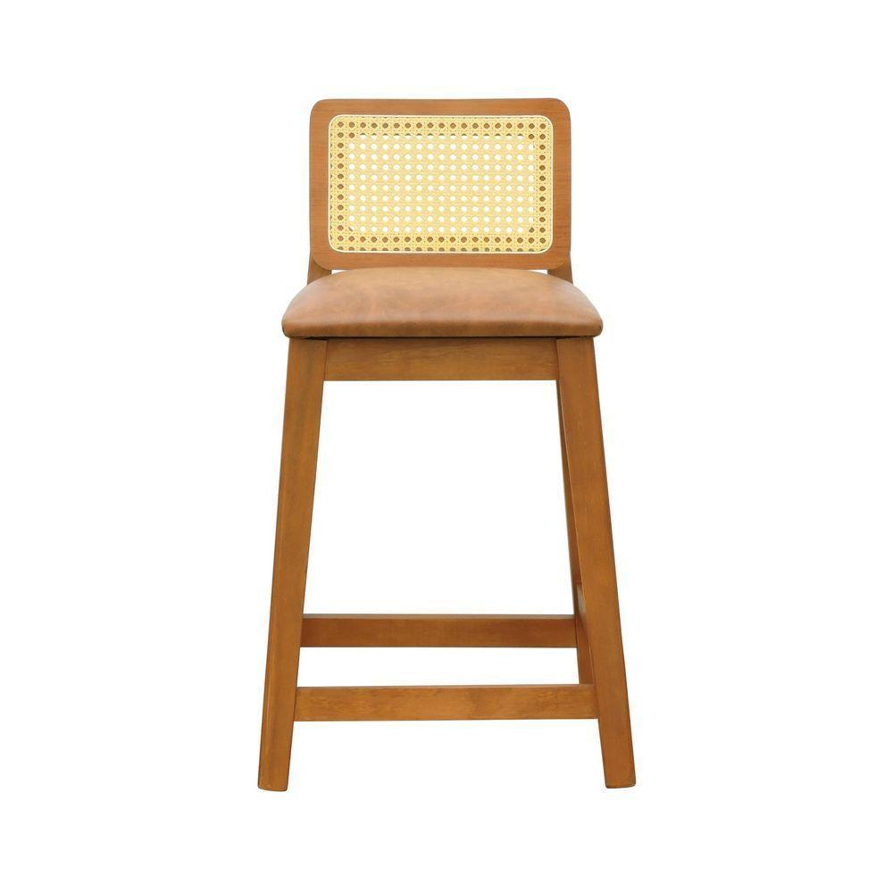 Banqueta Média Gabi Madeira Maciça Telinha Natural - Amêndoa Assento Estofado Corano Marrom Mescla - 3