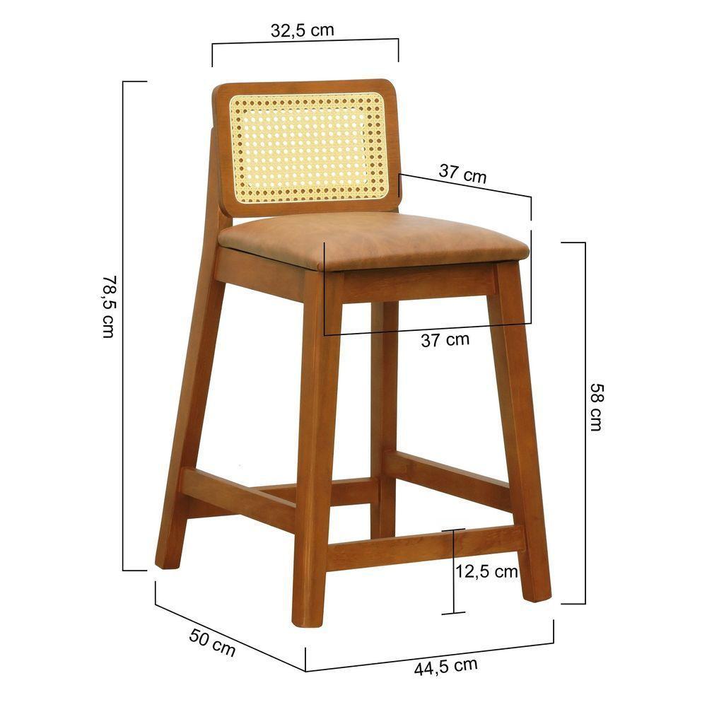 Banqueta Média Gabi Madeira Maciça Telinha Natural - Amêndoa Assento Estofado Corano Marrom Mescla - 4