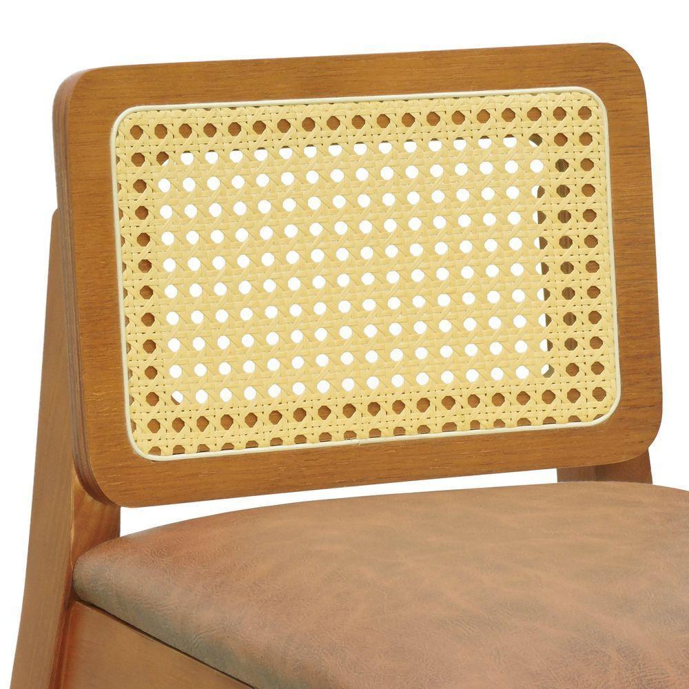 Banqueta Média Gabi Madeira Maciça Telinha Natural - Amêndoa Assento Estofado Corano Marrom Mescla - 6