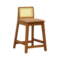 Banqueta Média Gabi Madeira Maciça Telinha Natural - Amêndoa Assento Estofado Corano Marrom Mescla - 1