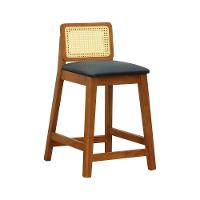 Banqueta Média Gabi Madeira Maciça Telinha Natural - Amêndoa Assento Estofado Corano Preto - 1