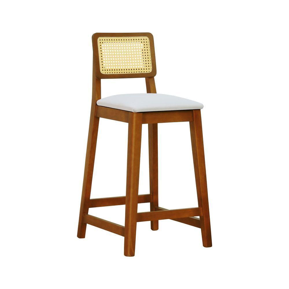 Banqueta Gabi Madeira Maciça Encosto Telinha C- 68cm Altura - Amêndoa Assento Estofado Linho Bege - 1